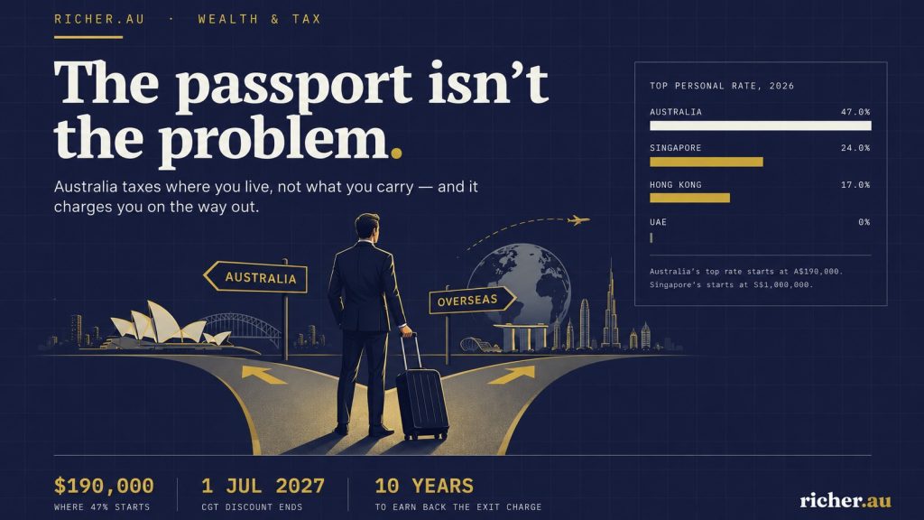 A businessman with a suitcase at a fork in the road between Australia and overseas, with Australia’s 47% top tax rate set against Singapore, Hong Kong and the UAE
